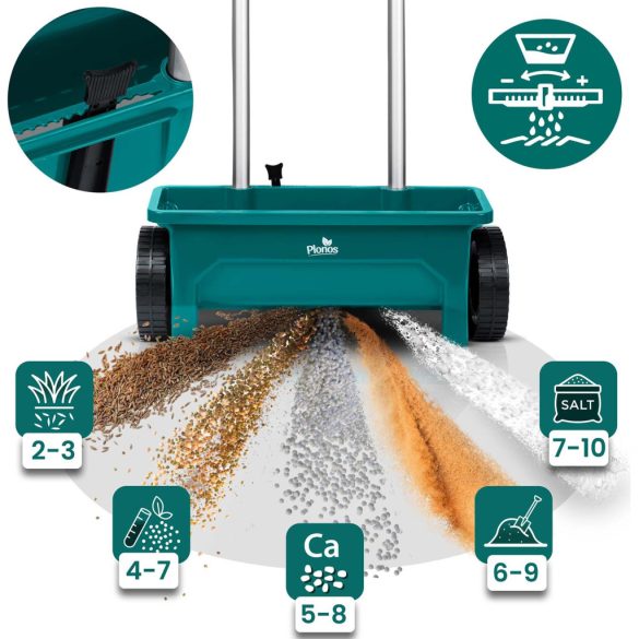 Kézi szórókocsi, Plonos PL-980, 12 l, 10 fokozatú szórásállítás, kerekes, mag- és műtrágyaszóró, sóhoz és homokhoz, maximum 10 kg teherbírás