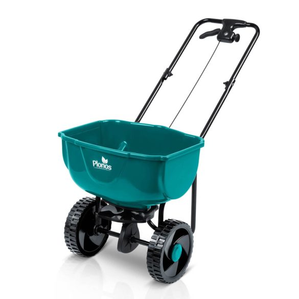 Kézi szórókocsi, Plonos PL-981, 27 l, 10 fokozatú szórásállítás, 3 m szórássáv, kerekes, műtrágyához, fűmaghoz, sóhoz és homokhoz, maximum 27 kg teherbírás