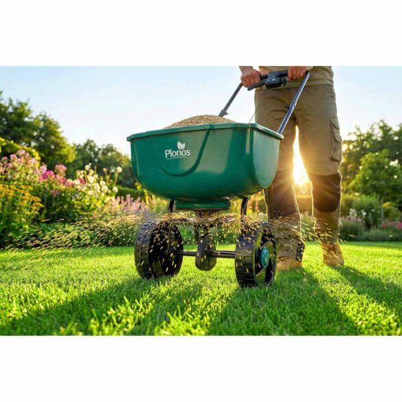 Kézi szórókocsi, Plonos PL-981, 27 l, 10 fokozatú szórásállítás, 3 m szórássáv, kerekes, műtrágyához, fűmaghoz, sóhoz és homokhoz, maximum 27 kg teherbírás