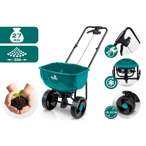 Kézi szórókocsi, Plonos PL-981, 27 l, 10 fokozatú szórásállítás, 3 m szórássáv, kerekes, műtrágyához, fűmaghoz, sóhoz és homokhoz, maximum 27 kg teherbírás