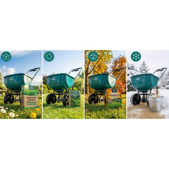 Kézi szórókocsi, Plonos PL-981, 27 l, 10 fokozatú szórásállítás, 3 m szórássáv, kerekes, műtrágyához, fűmaghoz, sóhoz és homokhoz, maximum 27 kg teherbírás