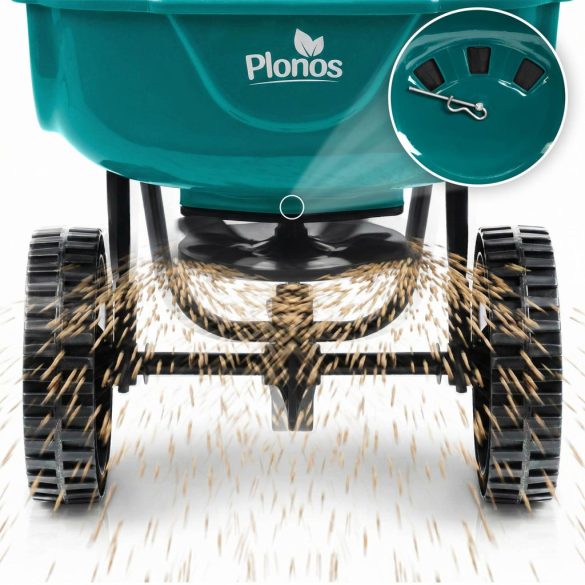 Kézi szórókocsi, Plonos PL-981, 27 l, 10 fokozatú szórásállítás, 3 m szórássáv, kerekes, műtrágyához, fűmaghoz, sóhoz és homokhoz, maximum 27 kg teherbírás