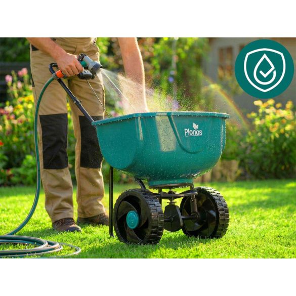 Kézi szórókocsi, Plonos PL-981, 27 l, 10 fokozatú szórásállítás, 3 m szórássáv, kerekes, műtrágyához, fűmaghoz, sóhoz és homokhoz, maximum 27 kg teherbírás