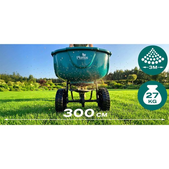 Kézi szórókocsi, Plonos PL-981, 27 l, 10 fokozatú szórásállítás, 3 m szórássáv, kerekes, műtrágyához, fűmaghoz, sóhoz és homokhoz, maximum 27 kg teherbírás