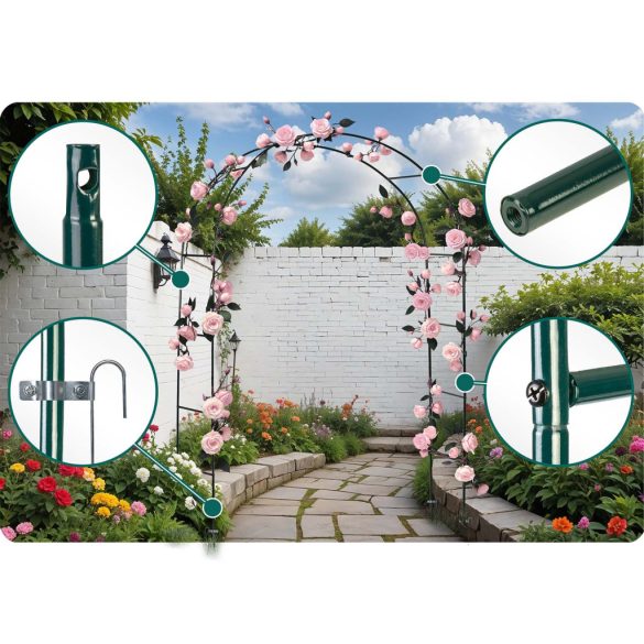 Kerti lugas, Plonos PL-990, zöld, 140 x 38 x 240 cm, íves, porszórt acél, időjárásálló, kúszónövényekhez