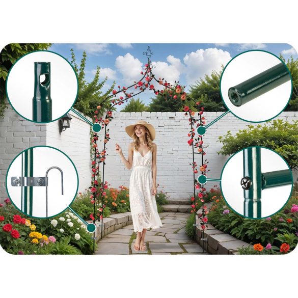 Kerti lugas, Plonos PL-991, zöld, 140 x 38 x 265 cm, íves, porszórt acél, időjárásálló, kúszónövényekhez