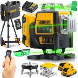   Keresztlézer, Humberg HM-171, fekete/sárga, 16 vonalas, zöld sugár, 50 m hatótáv, automatikus önszintezés, IP54, távirányítóval, kofferrben, állvánnyal, akkumulátoros, 2 × Li-Ion 12 V, 1800 mAh