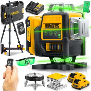 Keresztlézer, Humberg HM-171, fekete/sárga, 16 vonalas, zöld sugár, 50 m hatótáv, automatikus önszintezés, IP54, távirányítóval, kofferrben, állvánnyal, akkumulátoros, 2 × Li-Ion 12 V, 1800 mAh
