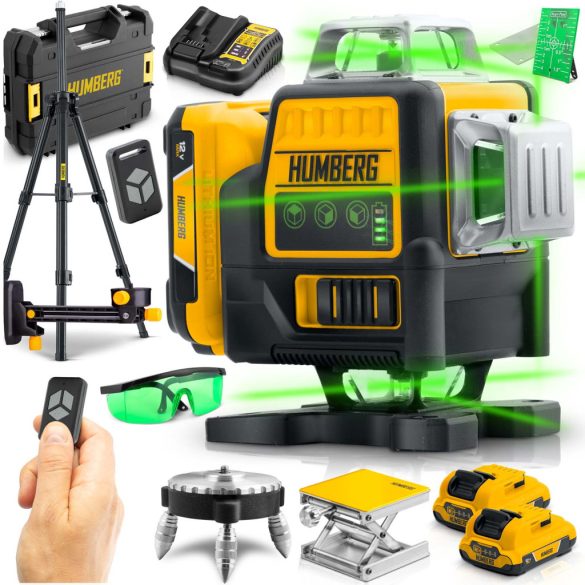 Keresztlézer, Humberg HM-171, fekete/sárga, 16 vonalas, zöld sugár, 50 m hatótáv, automatikus önszintezés, IP54, távirányítóval, kofferrben, állvánnyal, akkumulátoros, 2 × Li-Ion 12 V, 1800 mAh