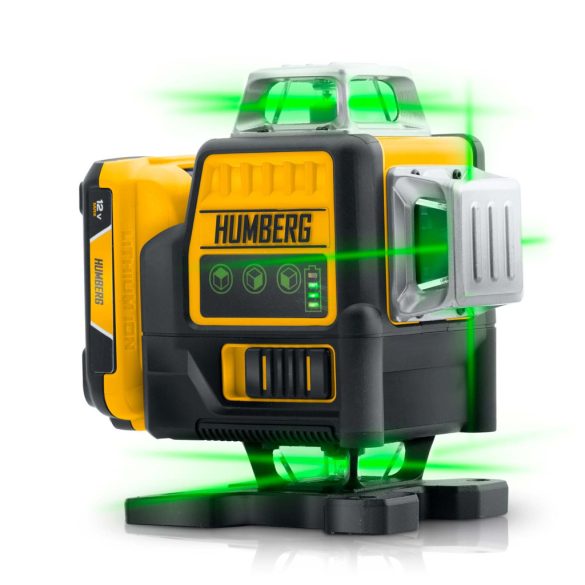 Keresztlézer, Humberg HM-171, fekete/sárga, 16 vonalas, zöld sugár, 50 m hatótáv, automatikus önszintezés, IP54, távirányítóval, kofferrben, állvánnyal, akkumulátoros, 2 × Li-Ion 12 V, 1800 mAh