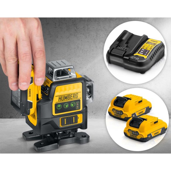 Keresztlézer, Humberg HM-171, fekete/sárga, 16 vonalas, zöld sugár, 50 m hatótáv, automatikus önszintezés, IP54, távirányítóval, kofferrben, állvánnyal, akkumulátoros, 2 × Li-Ion 12 V, 1800 mAh
