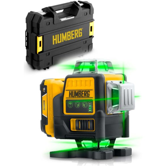 Keresztlézer, Humberg HM-171, fekete/sárga, 16 vonalas, zöld sugár, 50 m hatótáv, automatikus önszintezés, IP54, távirányítóval, kofferrben, állvánnyal, akkumulátoros, 2 × Li-Ion 12 V, 1800 mAh