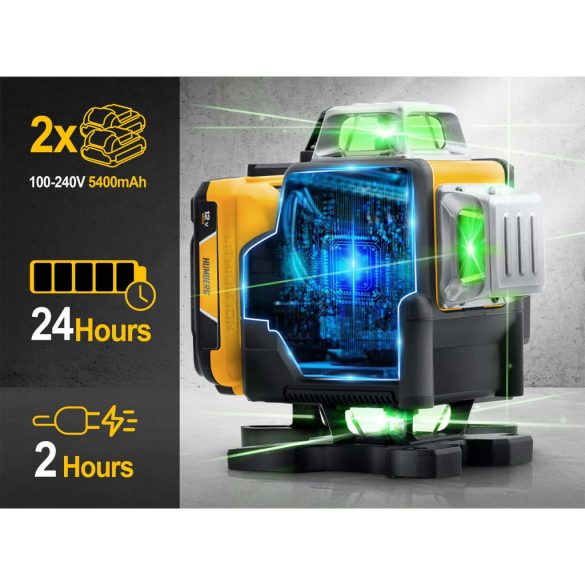 Keresztlézer, Humberg HM-171, fekete/sárga, 16 vonalas, zöld sugár, 50 m hatótáv, automatikus önszintezés, IP54, távirányítóval, kofferrben, állvánnyal, akkumulátoros, 2 × Li-Ion 12 V, 1800 mAh