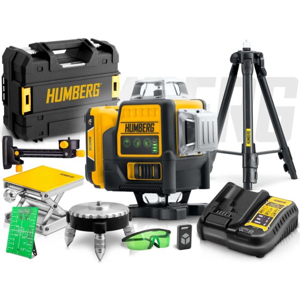 Keresztlézer, Humberg HM-171, fekete/sárga, 16 vonalas, zöld sugár, 50 m hatótáv, automatikus önszintezés, IP54, távirányítóval, kofferrben, állvánnyal, akkumulátoros, 2 × Li-Ion 12 V, 1800 mAh