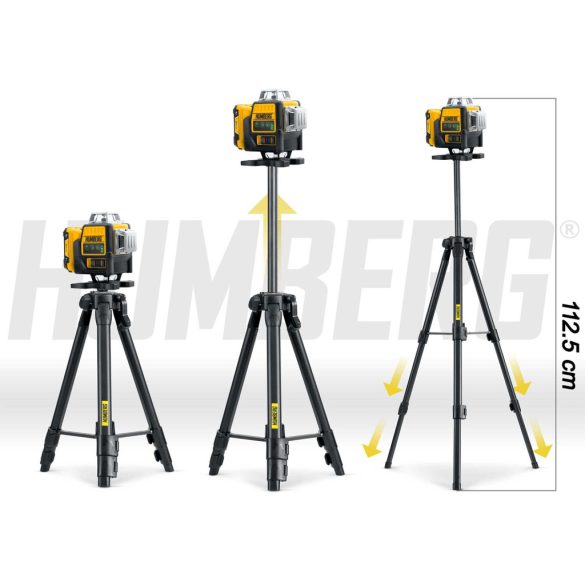 Keresztlézer, Humberg HM-171, fekete/sárga, 16 vonalas, zöld sugár, 50 m hatótáv, automatikus önszintezés, IP54, távirányítóval, kofferrben, állvánnyal, akkumulátoros, 2 × Li-Ion 12 V, 1800 mAh