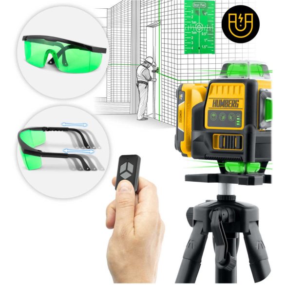 Keresztlézer, Humberg HM-171, fekete/sárga, 16 vonalas, zöld sugár, 50 m hatótáv, automatikus önszintezés, IP54, távirányítóval, kofferrben, állvánnyal, akkumulátoros, 2 × Li-Ion 12 V, 1800 mAh