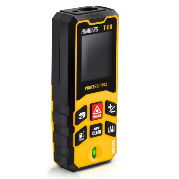 Lézeres távolságmérő, Humberg HM-173, sárga, 60 m hatótáv, IP54 védettség, ütésálló, beépített libella, memória, Pitagorasz-funkció, elemes (2 x AA)