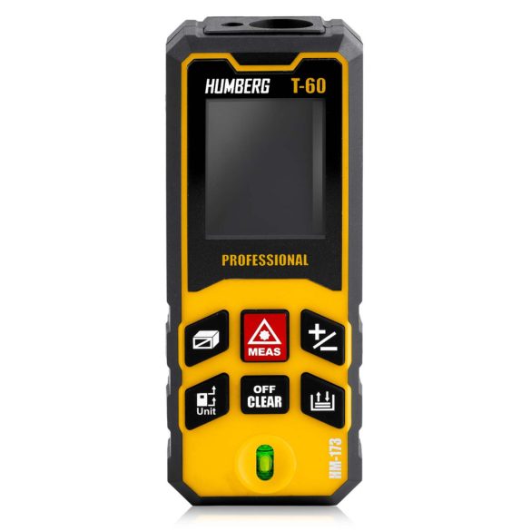 Lézeres távolságmérő, Humberg HM-173, sárga, 60 m hatótáv, IP54 védettség, ütésálló, beépített libella, memória, Pitagorasz-funkció, elemes (2 x AA)