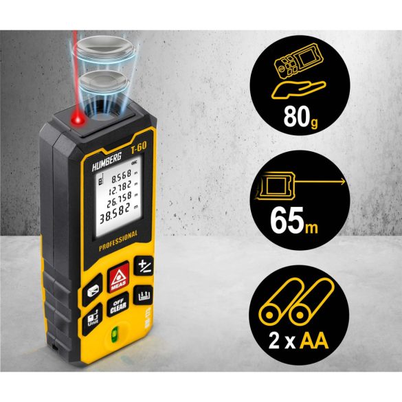 Lézeres távolságmérő, Humberg HM-173, sárga, 60 m hatótáv, IP54 védettség, ütésálló, beépített libella, memória, Pitagorasz-funkció, elemes (2 x AA)