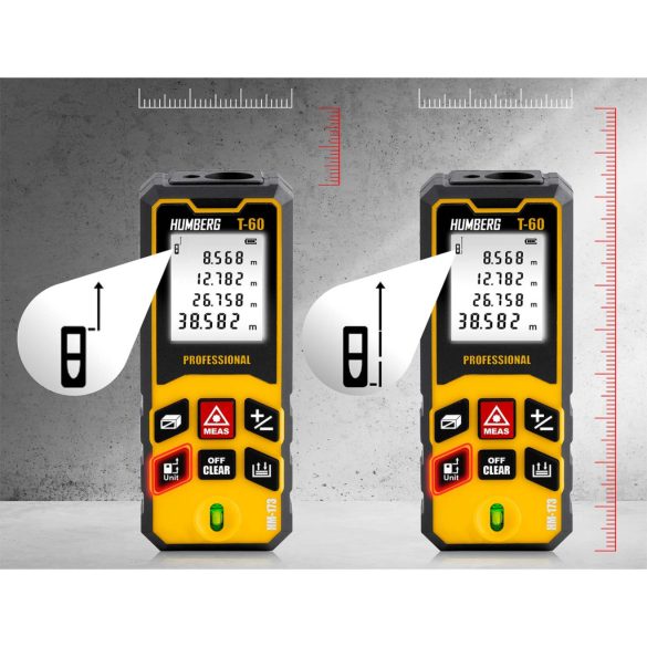 Lézeres távolságmérő, Humberg HM-173, sárga, 60 m hatótáv, IP54 védettség, ütésálló, beépített libella, memória, Pitagorasz-funkció, elemes (2 x AA)