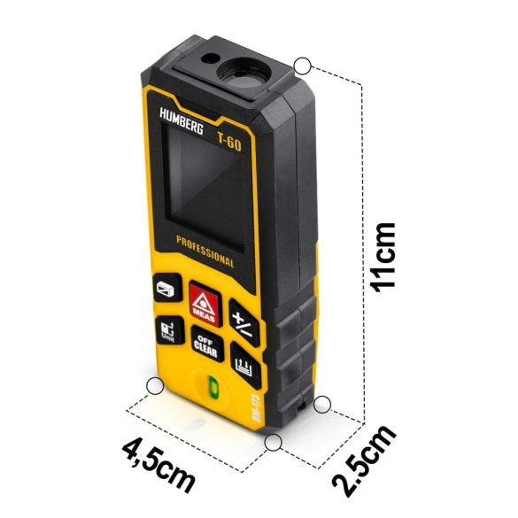 Lézeres távolságmérő, Humberg HM-173, sárga, 60 m hatótáv, IP54 védettség, ütésálló, beépített libella, memória, Pitagorasz-funkció, elemes (2 x AA)