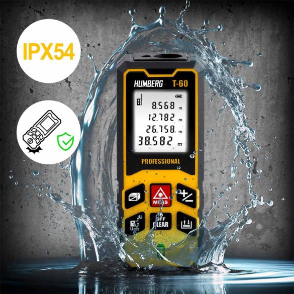 Lézeres távolságmérő, Humberg HM-173, sárga, 60 m hatótáv, IP54 védettség, ütésálló, beépített libella, memória, Pitagorasz-funkció, elemes (2 x AA)