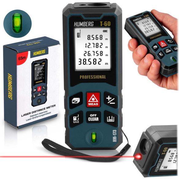 Lézeres távolságmérő, Humberg HM-173, sötétkék, 60 m hatótáv, IP54 védettség, ütésálló, beépített libella, memória, Pitagorasz-funkció, elemes (2 x AA)