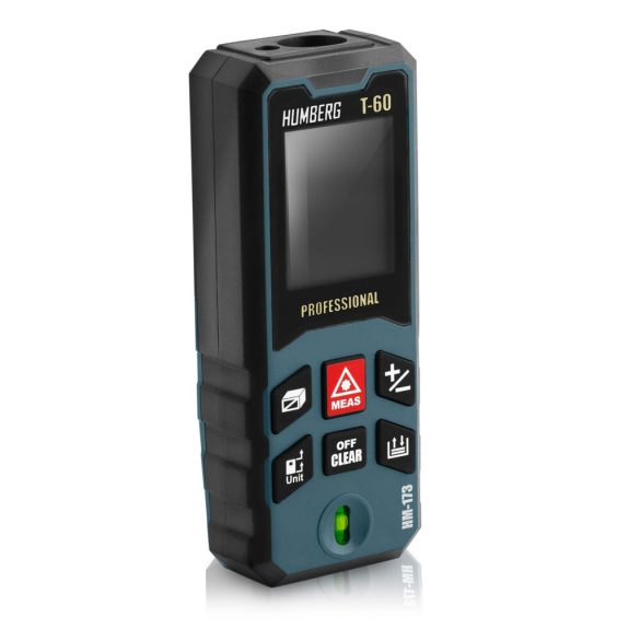 Lézeres távolságmérő, Humberg HM-173, sötétkék, 60 m hatótáv, IP54 védettség, ütésálló, beépített libella, memória, Pitagorasz-funkció, elemes (2 x AA)
