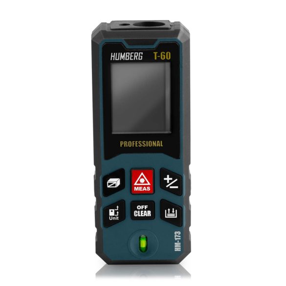 Lézeres távolságmérő, Humberg HM-173, sötétkék, 60 m hatótáv, IP54 védettség, ütésálló, beépített libella, memória, Pitagorasz-funkció, elemes (2 x AA)