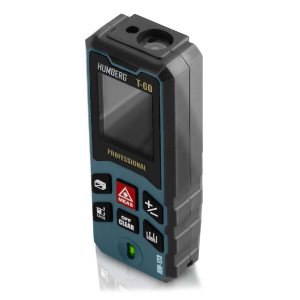 Lézeres távolságmérő, Humberg HM-173, sötétkék, 60 m hatótáv, IP54 védettség, ütésálló, beépített libella, memória, Pitagorasz-funkció, elemes (2 x AA)