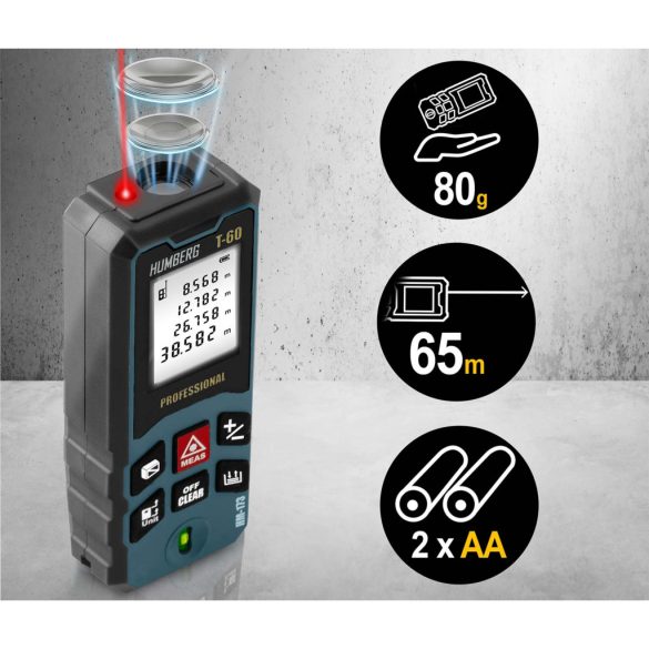 Lézeres távolságmérő, Humberg HM-173, sötétkék, 60 m hatótáv, IP54 védettség, ütésálló, beépített libella, memória, Pitagorasz-funkció, elemes (2 x AA)
