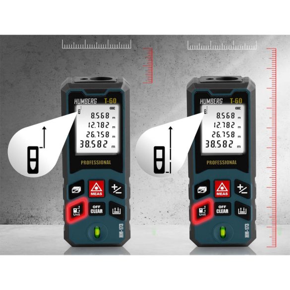 Lézeres távolságmérő, Humberg HM-173, sötétkék, 60 m hatótáv, IP54 védettség, ütésálló, beépített libella, memória, Pitagorasz-funkció, elemes (2 x AA)