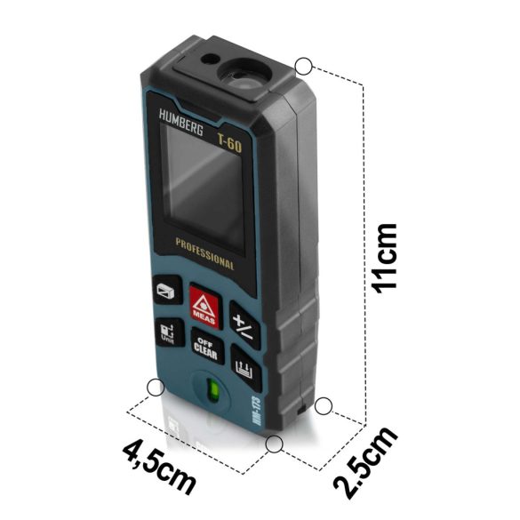 Lézeres távolságmérő, Humberg HM-173, sötétkék, 60 m hatótáv, IP54 védettség, ütésálló, beépített libella, memória, Pitagorasz-funkció, elemes (2 x AA)