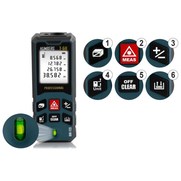 Lézeres távolságmérő, Humberg HM-173, sötétkék, 60 m hatótáv, IP54 védettség, ütésálló, beépített libella, memória, Pitagorasz-funkció, elemes (2 x AA)