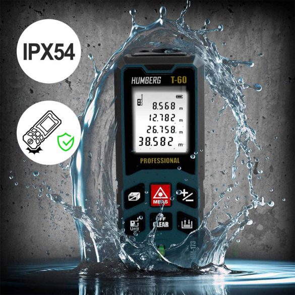 Lézeres távolságmérő, Humberg HM-173, sötétkék, 60 m hatótáv, IP54 védettség, ütésálló, beépített libella, memória, Pitagorasz-funkció, elemes (2 x AA)