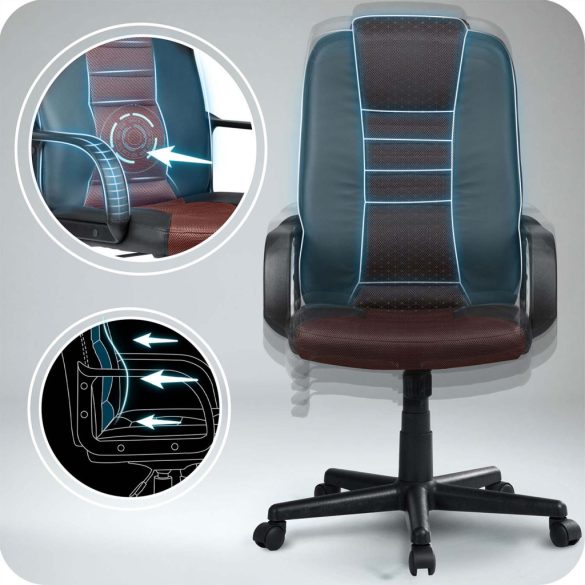 Irodai szék, Sofotel 518B, fekete/barna, 109–118 cm, ergonomikus, dönthető, gázliftes magasságállítás, mikrohálós, műbőr betétekkel, 120 kg teherbírás