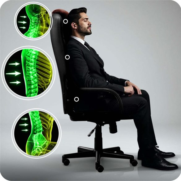 Irodai szék, Sofotel 518B, fekete/barna, 109–118 cm, ergonomikus, dönthető, gázliftes magasságállítás, mikrohálós, műbőr betétekkel, 120 kg teherbírás