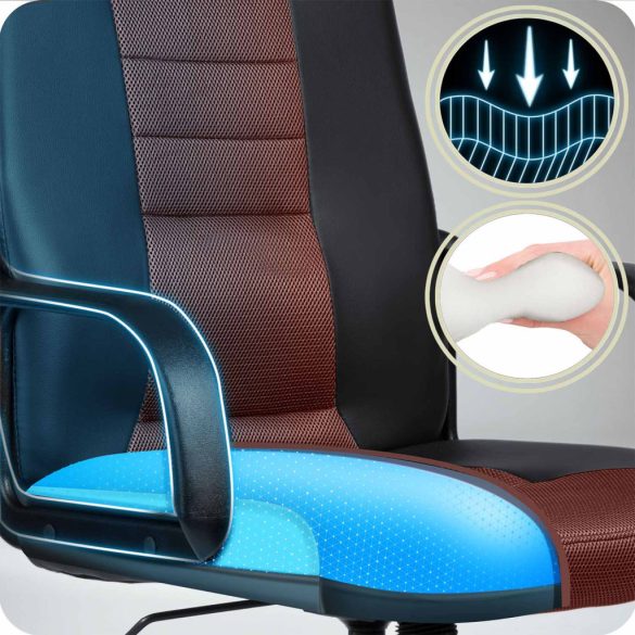 Irodai szék, Sofotel 518B, fekete/barna, 109–118 cm, ergonomikus, dönthető, gázliftes magasságállítás, mikrohálós, műbőr betétekkel, 120 kg teherbírás