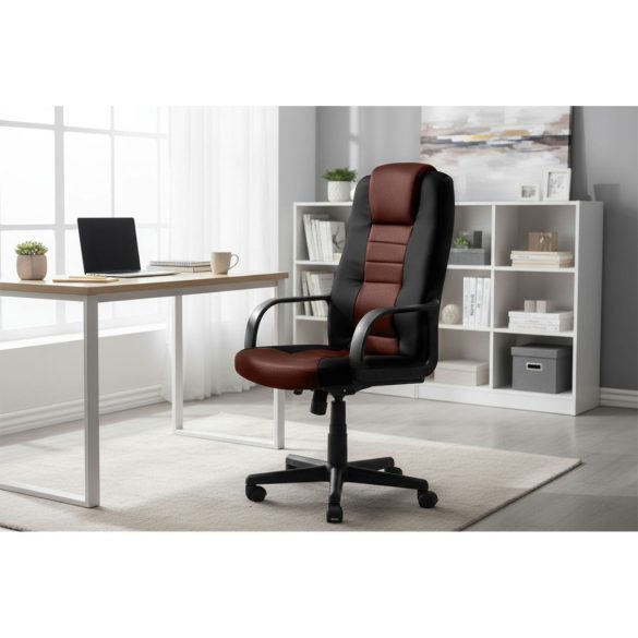 Irodai szék, Sofotel 518B, fekete/barna, 109–118 cm, ergonomikus, dönthető, gázliftes magasságállítás, mikrohálós, műbőr betétekkel, 120 kg teherbírás