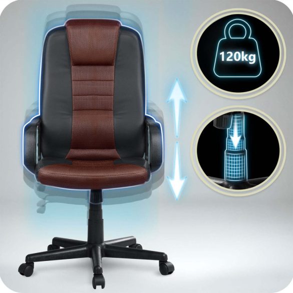 Irodai szék, Sofotel 518B, fekete/barna, 109–118 cm, ergonomikus, dönthető, gázliftes magasságállítás, mikrohálós, műbőr betétekkel, 120 kg teherbírás