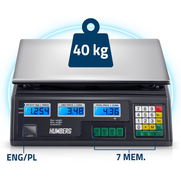 Elektronikus bolti mérleg, Humberg MH-190, fekete, 2 g pontosság, teherbírás: 40 kg, 7 egységár rögzítése