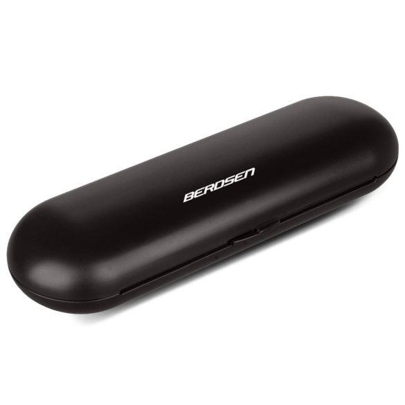 Elektromos fogkefe utazótok, Berdsen Sonica B3 és B4, fekete, 24 × 5 × 8 cm, enyhén áttetsző, tartós műanyag, pattintós zár, 1 fogkeféhez és 2 pótfejhez