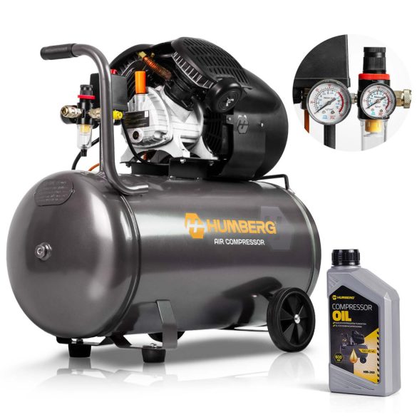 Kompresszor, Humberg HM-257, 100 l, 1,8 kW, elektromos, 8 bar, nyomásmérővel, kerekkel, 170 l/perc, olajos