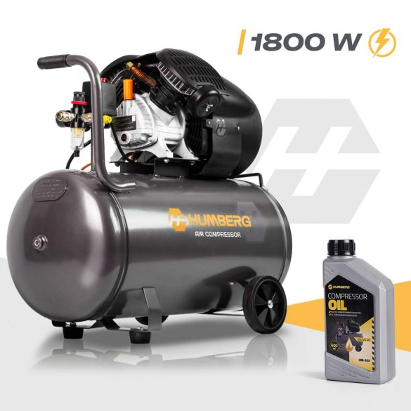Kompresszor, Humberg HM-257, 100 l, 1,8 kW, elektromos, 8 bar, nyomásmérővel, kerekkel, 170 l/perc, olajos
