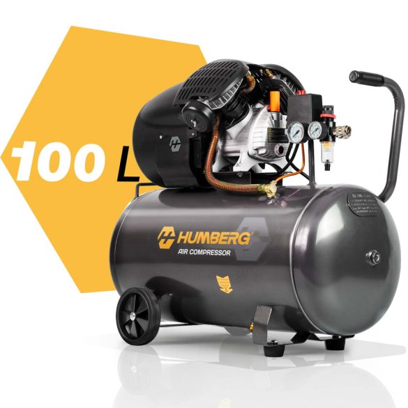 Kompresszor, Humberg HM-257, 100 l, 1,8 kW, elektromos, 8 bar, nyomásmérővel, kerekkel, 170 l/perc, olajos