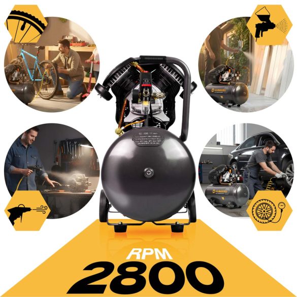 Kompresszor, Humberg HM-257, 100 l, 1,8 kW, elektromos, 8 bar, nyomásmérővel, kerekkel, 170 l/perc, olajos