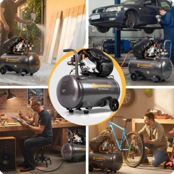 Kompresszor, Humberg HM-257, 100 l, 1,8 kW, elektromos, 8 bar, nyomásmérővel, kerekkel, 170 l/perc, olajos