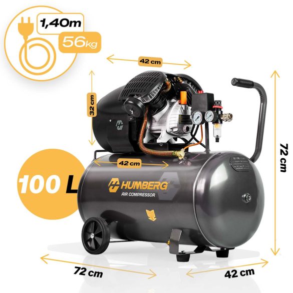 Kompresszor, Humberg HM-257, 100 l, 1,8 kW, elektromos, 8 bar, nyomásmérővel, kerekkel, 170 l/perc, olajos