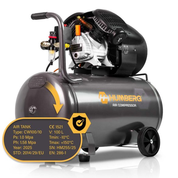 Kompresszor, Humberg HM-257, 100 l, 1,8 kW, elektromos, 8 bar, nyomásmérővel, kerekkel, 170 l/perc, olajos