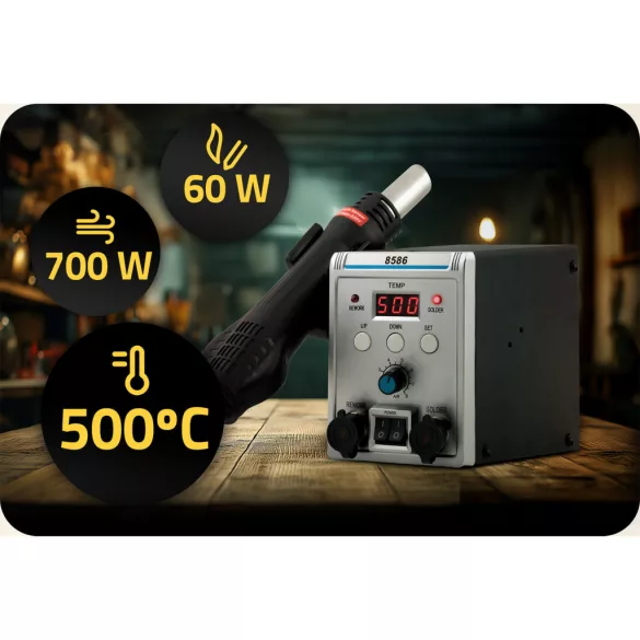 Forrasztóállomás, Humberg HM-29, fekete/ezüst, 700 W / 60 W, hőlégfúvó és forrasztópáka, 100-500 °C hőfokszabályozás, 5 cserélhető fúvóka, piros számkijelző (TE529400)